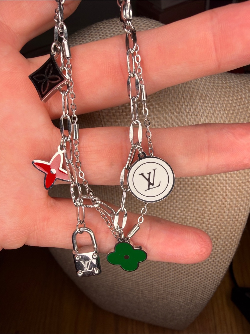 LV Silver Tone 2 Strand Charm Bracelet 7 in